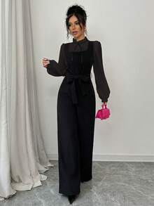 Elenzga 女士秋季撞色高腰直筒连体裤套装（含衬衫） - 彩色 - 查看 4