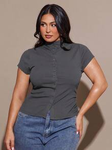 SHEIN BAE Plus Size Women's Crew Neck Solid Color Simple Front Button Short Sleeve T-Shirt, Summer, Summer Tops - Dark Grey - View 4