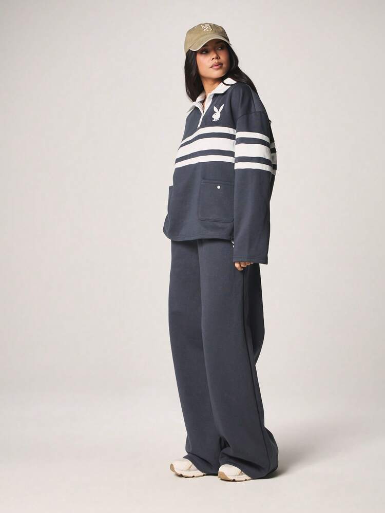 Missguided x Playboy Striped Polo Sweatshirt And Wide Leg Joggers Two Piece Set Casual Coordinated Outfit Long Sleeve Relaxed Fit Winter Fall Activewear