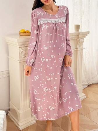 Moonlight & Mama Women's Casual Embroidered Lace Patchwork Floral Print Long Sleeve Maxi Maternity Nightgown