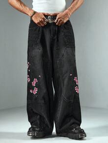 ROMWE MEN Anime Herren Lässig Verwaschen Floral Bestickte Jeans - Schwarz - Übersicht 6