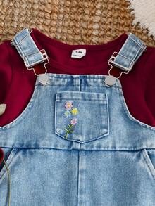 SHEIN Vintaside Kids 2件套女婴2025春秋季白色长袖T恤+牛仔背带裤休闲时尚套装，百搭