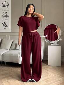 Solflare 大码纯色圆领短袖上衣和长裤休闲度假两件套，清凉舒适，适合夏季/春季女装，春假穿搭 - 酒紅色 - 查看 1