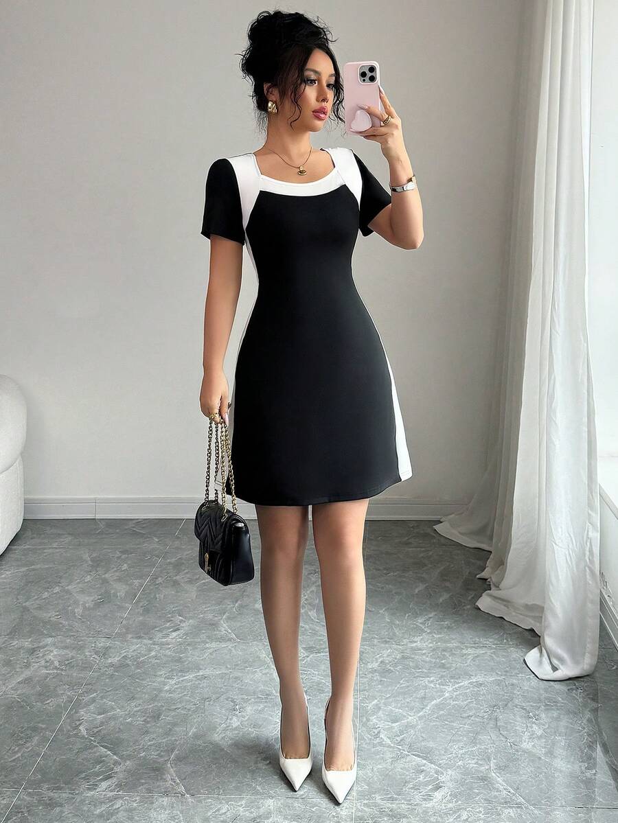 Selianne 女士优雅黑白短袖方领连衣裙，春夏款 - 黑色 - 查看 1