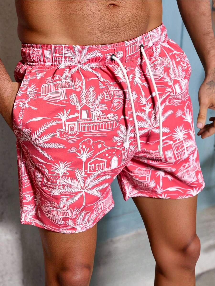 Manfinity Swimmode Męskie luźne szorty plażowe z kieszeniami i ściągaczem - Czerwony - Zobacz 1