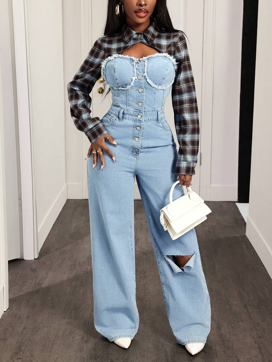 Slaydiva Women's Casual Fashion Street Chic Raw Edge Patchwork Plaid Hollow Out Waist Denim Jumpsuit, Spring/Autumn - Blue - View 1