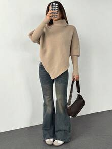 SHEIN PETITE 女士不对称蝙蝠袖下摆纯色高领毛衣，时尚百搭，适合假日度假，娇小身材也能轻松驾驭，品质升级，秋冬季款 - 卡其色 - 查看 8