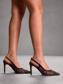 CUCCOO SZL Women's Elegant Lace Pointed Toe Pumps For Commuting - Coffee Brown - View 3