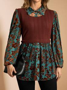 SHEIN LUNE Plus Size Women Floral Patchwork Lantern Sleeve Casual Blouse Top - Multicolor - View 6