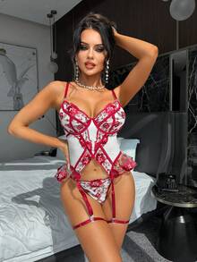 SHEIN Classic, Fashionable, Elegant, Mature, Sweet Embroidered Mesh Splicing Garter Bra + G-String + 2pcs Leg Rings 4pcs Women Sexy Lingerie Set - Red and White - View 4