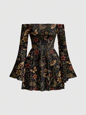 Fairycore Floral, Plant, Forest Style Butterfly & Moth, Sun & Moon, Dark & Mysterious Asymmetrical Hem Off-Shoulder Sexy Vintage Dress For Women, Autumn/Winter