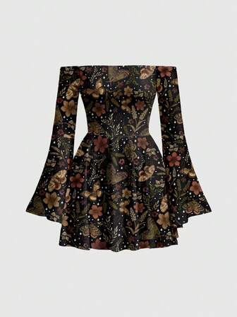 Fairycore Floral, Plant, Forest Style Butterfly & Moth, Sun & Moon, Dark & Mysterious Asymmetrical Hem Off-Shoulder Sexy Vintage Dress For Women, Autumn/Winter