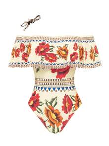 Swim Oasis Women's Elegant Vintage Off Shoulder Detachable Strap One Piece Swimsuit+ Printed Mesh Pleated Skirt, Spring/Summer - Multicolor - View 4