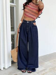 Sunnyshic Casual Washed High Waist Wide Leg Jeans - Dark Wash - View 5