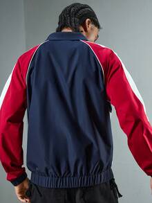 ROMWE MEN Street Life Chaqueta casual con cremallera delantera, mangas raglán y parches de color contrastante para hombres - Azul - Ver 2