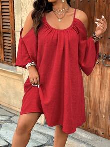 SHEIN Clasi Plus Size Round Neck Ruched Pleated Split Flare 3/4 Sleeve Casual A-Line Midi Dress  Day - Red - View 6