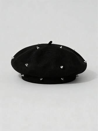 Grunge Punk 1pc Punk Style Circular Hollow Rivet Beret Hat, Y2K Round Pendant Newsboy Cap, Daily Personalized Fashion Item