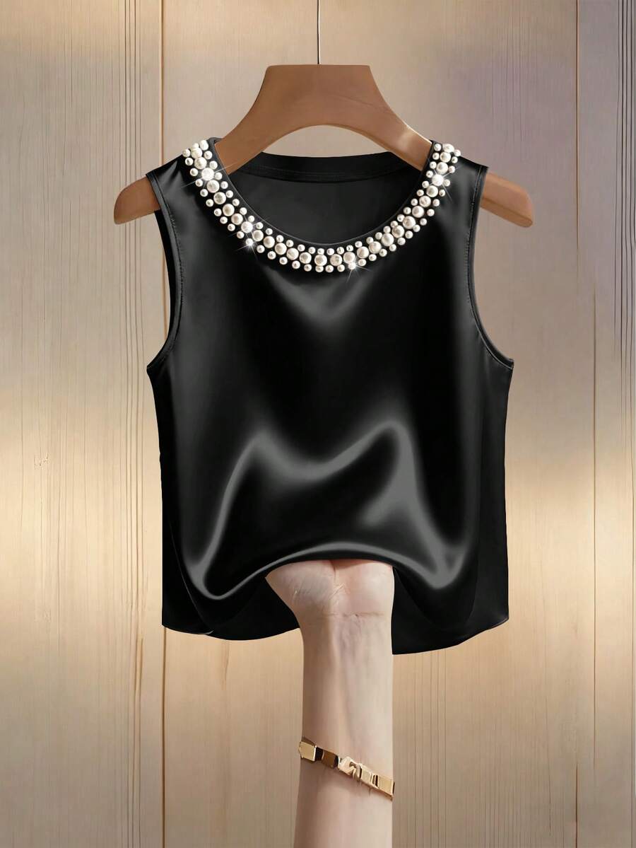 Franclia Áo ba lỗ không tay cổ tròn đính hạt cho nữ - màu đen - Xem 1