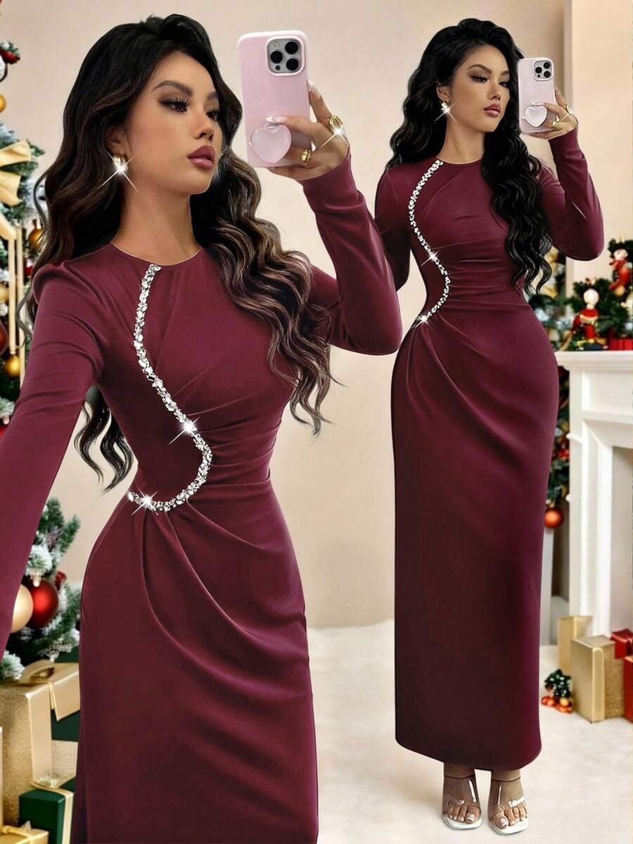 Rafferiza Women's Round-Neck Pink Pleated Design Diamond Chain Decorated Dress, Tight Elastic Waist-Cinching Elegant Dress,Fashionable And Elegant, It Is Suitable For Daily Wear, Weddings, Banquets, Daily Commutes, Graduation Parties, Festival Events, Vacations, Dates, Parties, Halloween, Christmas, New Year And Thanksgiving - Burgundy - View 1