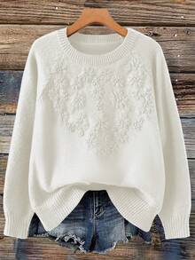 Linhara Plus Size Women Floral 3D Embroidery Crew Neck Raglan Sleeve Pullover Sweater, Autumn/Winter - White - View 1