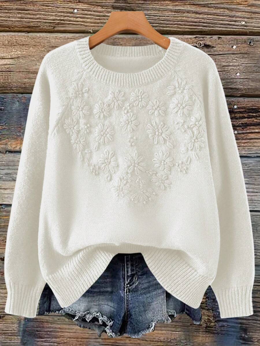 Linhara Plus Size Women Floral 3D Embroidery Crew Neck Raglan Sleeve Pullover Sweater, Autumn/Winter - White - View 1