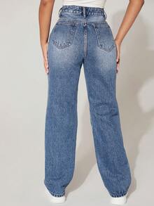 SHEIN PETITE High Waist Fashionable Distressed Versatile Casual Daily Denim Jeans - Blue - View 5