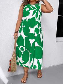 EMERY ROSE 大码撞色印花圆领无袖连衣裙 - 綠色 - 查看 3