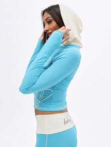 BABYPHAT 女士拉链连帽上衣，撞色缝线，白色帽子细节 - 藍色 - 查看 5