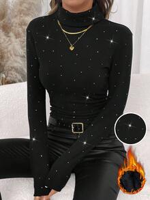Editum New Year Clothes,Women's High Neck Rhinestone Glitter Fitted Stretchy Solid Black Knit Top, Autumn/Winter,Black Tops Spring Summer Elegant  Black - Black - View 1