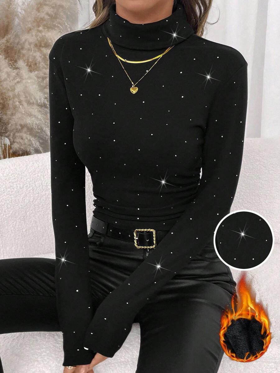 Editum New Year Clothes,Women's High Neck Rhinestone Glitter Fitted Stretchy Solid Black Knit Top, Autumn/Winter,Black Tops Spring Summer Elegant  Black - Black - View 1