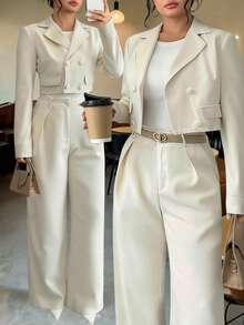 Elenzga Plus Size Women's Business Suit Set With Collar, Decorative Buttons, And Straight Leg Pants, Solid Color - Apricot - View 3