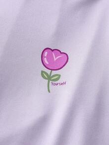 SHEIN Teen Girl Purple Summer Casual Loose Fit Short Sleeve & Long Pants Set,Lavender Tulip & Graffiti All-Over Print,Family Matching Graduation Soft - Mauve Purple - View 6