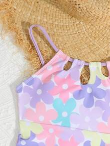 SHEIN Girls Swimsiut One-Piece Bathing Suit With Mesh Cover Ups Adjustable Straps Cut Out Swimwear - Multicolor - View 4