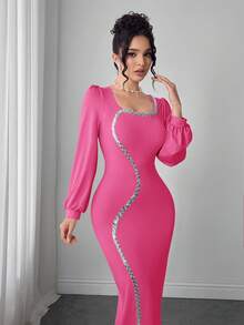 Modelyn 女士方领串珠边饰长袖连衣裙 - 玫紅色 - 查看 3