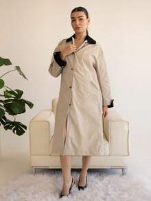 Andrea Bello Abrigo largo de mujer con bloques de color contrastante, ropa de otoño, ropa de vuelta al colegio - Beis - Ver 5