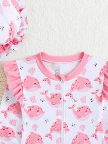 Traje de baño de una pieza con volantes y estampado de ballena para niña, ideal para vacaciones de verano en la playa - Rosa - Ver 4