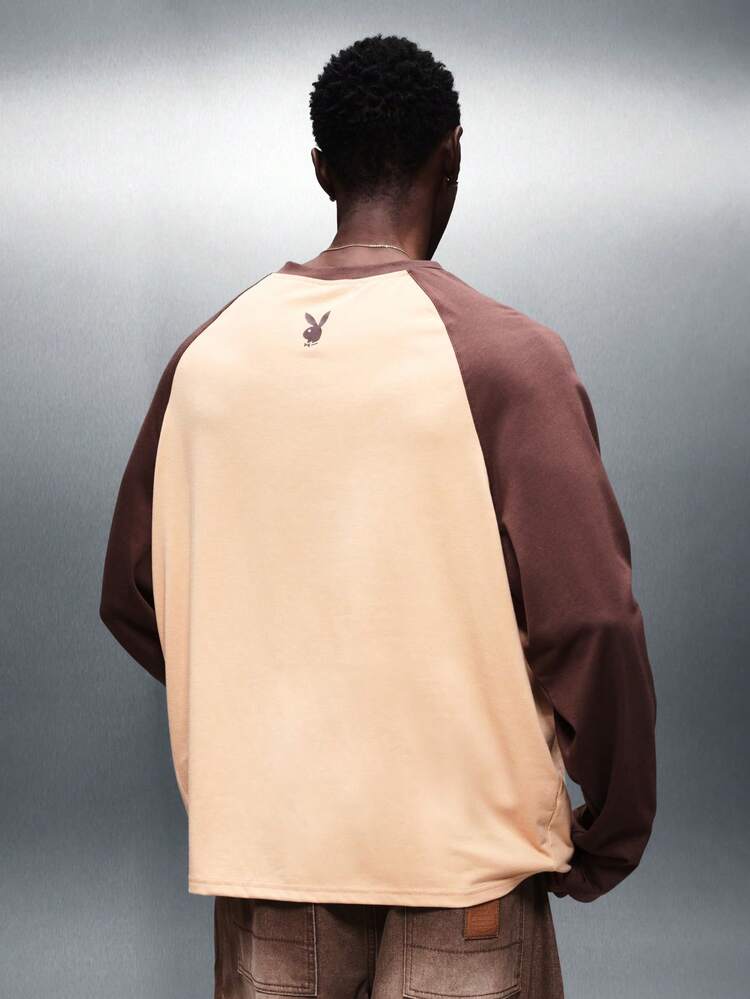 PLAYBOY X SUMWON Męska koszulka z krótkim rękawem typu boxy fit, nadrukiem graficznym z logo i długim rękawem, blokami kolorów, w stylu vintage, z okrągłym dekoltem, na co dzień
