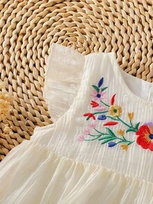 Vintaside Kids Baby Girls Casual Floral Embroidery Dress, Summer Baby Girl Sleeveless Floral Print Casual Dress Baby Flower Dress Summer Elegant Baby Dress Baby Vintage Dress Baby Girl Romper - White - View 9
