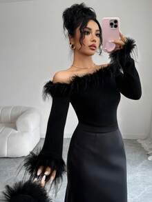 Elenzga 女士优雅时尚通勤休闲舒适迷人复古简约高端温柔淑女圣诞假日派对秋冬露肩拼接毛领袖口纯色针织毛衣 - 黑色 - 查看 5