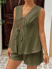 SHEIN 2pcs Maternity Casual V-Neck Tie Front Sleeveless Top And Shorts Set, Summer Women Vacation Outfit Sets Cotton Women's Clothing Cotton Top Women Summer 2 Pieces Sets - Army Green - View 3