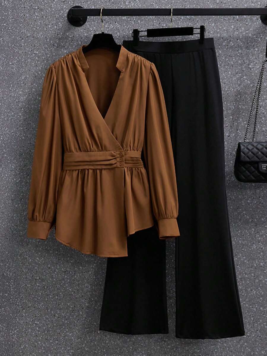 GlowEve CURVE Plus Size Casual Shirt Top + Simple Flared Leg Pants 2 Pieces Set