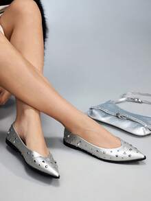 CUCCOO GRLICON Sapatilhas femininas de bico fino com tachas, versáteis e elegantes. - Prata - Ver 5