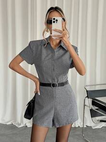 Siren Gaze Minimalistyczny, codzienny, jednokolorowy damski top z krótkim rękawem i szorty, 2 sztuki - Szary - Zobacz 4