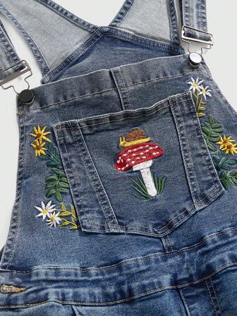 Fairycore Plus Size Women Casual Overalls, Countryside Style Mushroom Embroidery Denim Jumpsuit