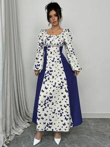 Modelyn Đầm nữ in hình bướm, tay phồng, lưng nhún, thắt dây, kiểu dáng thanh lịch. - Màu xanh lam - Xem 10