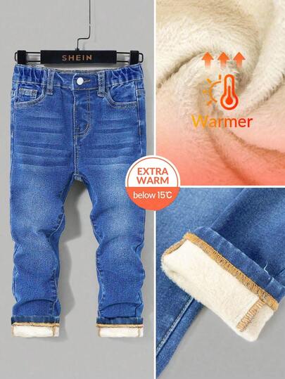 Young Boys Basic Dark Blue Denim Thermal Lined Elastic Skinny Pants, Autumn/Winter