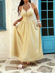 Sunnyshic Đầm maxi cổ yếm hở lưng in chấm bi dành cho nữ cỡ lớn, thích hợp cho mùa xuân/hè. - Màu vàng - Xem 4