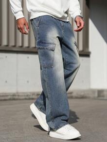 Manfinity Homme 秋冬休闲水洗蓝色复古修身直筒工装口袋褶皱牛仔裤 - 藍色 - 查看 1