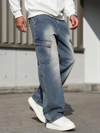 Manfinity Homme 秋冬休闲水洗蓝色复古修身直筒工装口袋褶皱牛仔裤