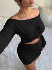 VaVaBold Off-shoulder Nút phía trước Quần skinny Áo thun - màu đen - Xem 1